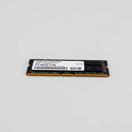 Create a high-resolution image of a RAM module with a clean, modern design using a DSLR camera, 50mm lens, f/2.8 aperture, ISO 100, 1/200 sec shutter speed, in a well-lit studio setting.