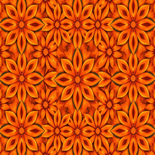 Create a seamless geometric pattern featuring interlocking floral shapes in various shades of orange, captured with a Canon EOS R5, using a 50mm lens at f/8, ISO 100, in natural light, top-down view to emphasize symmetry and detail.