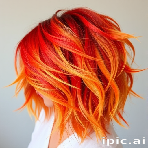 Fiery Phoenix Feathered Layers featuring a bold blend of vibrant red orange and yellow hues styled in wispy textured layers resembling the majestic plumage of a mythical firebird