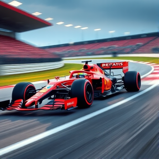 High-speed Formula 1 car on a racetrack, dynamic motion blur, vibrant splashes of color, shot with a DSLR camera at 1/1000 sec, f/5.6 aperture, ISO 400, wide-angle lens, angled view from the side for dramatic effect.
