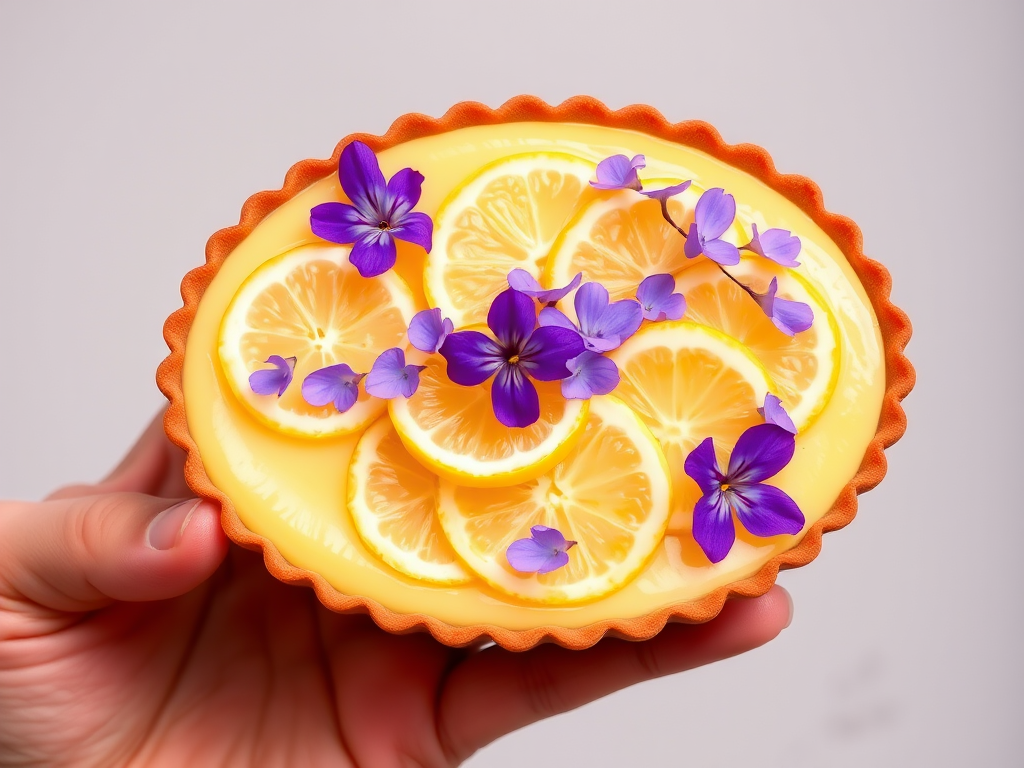 A beautifully arranged oval dessert with a smooth yellow surface topped with fresh lemon slices and delicate purple flowers, held by a hand against a neutral background.