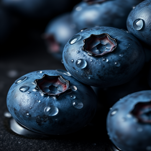 close-up shot of fresh blueberries with water droplets on a dark surface, using a macro lens, aperture f/2.8, shutter speed 1/200 sec, ISO 100, natural light, DSLR camera, vibrant colors and high detail