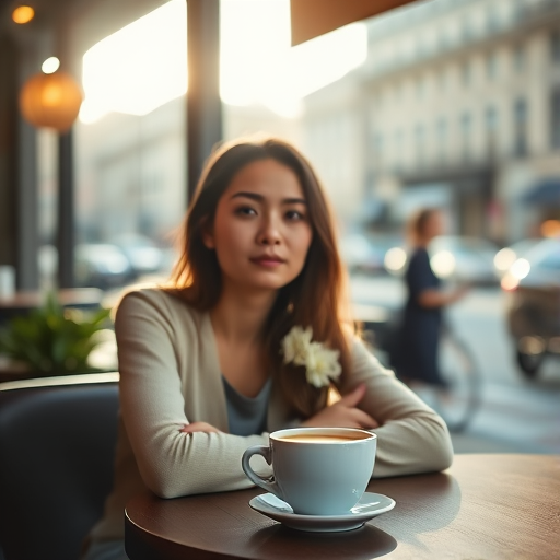 Soft-focus image of a woman sitting at a cafetable, her face illuminated by soft afternoon light, with a steaming cup of coffee in front of her and the city bustling just beyond the window.