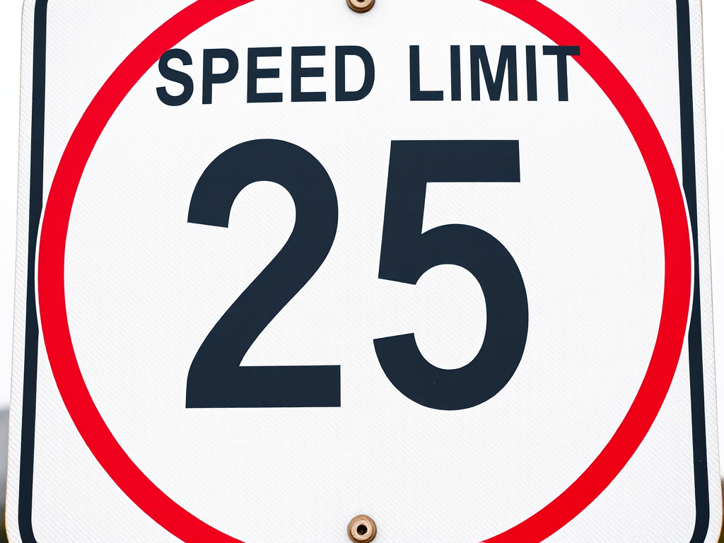 Generate a high-resolution image of a speed limit sign stating "SPEED LIMIT 25" with a clean white background and bold black text, captured using a DSLR camera with a 50mm lens at f/2.8 aperture, ISO 100, and a shallow depth of field to focus on the sign and blur the background, from a straight-on view to enhance clarity.