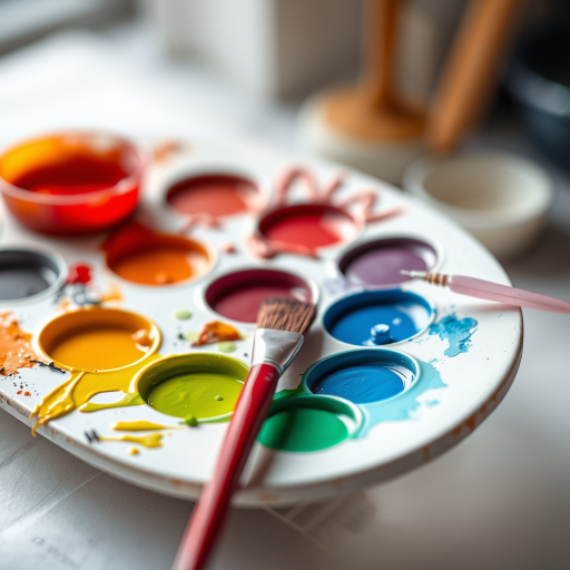 Create a high-resolution digital illustration of an artist's palette with vibrant paint colors and a red paintbrush, using a Canon EOS R5 with a 50mm f/1.2 lens, in soft focus background with bright lighting to enhance colors.