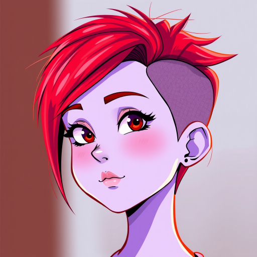 Create a vibrant illustration of a character with a bold asymmetrical haircut featuring red highlights and a lavender skin tone, using a digital drawing style, 4K resolution, 35mm lens, f/2.8 aperture, soft focus background.
