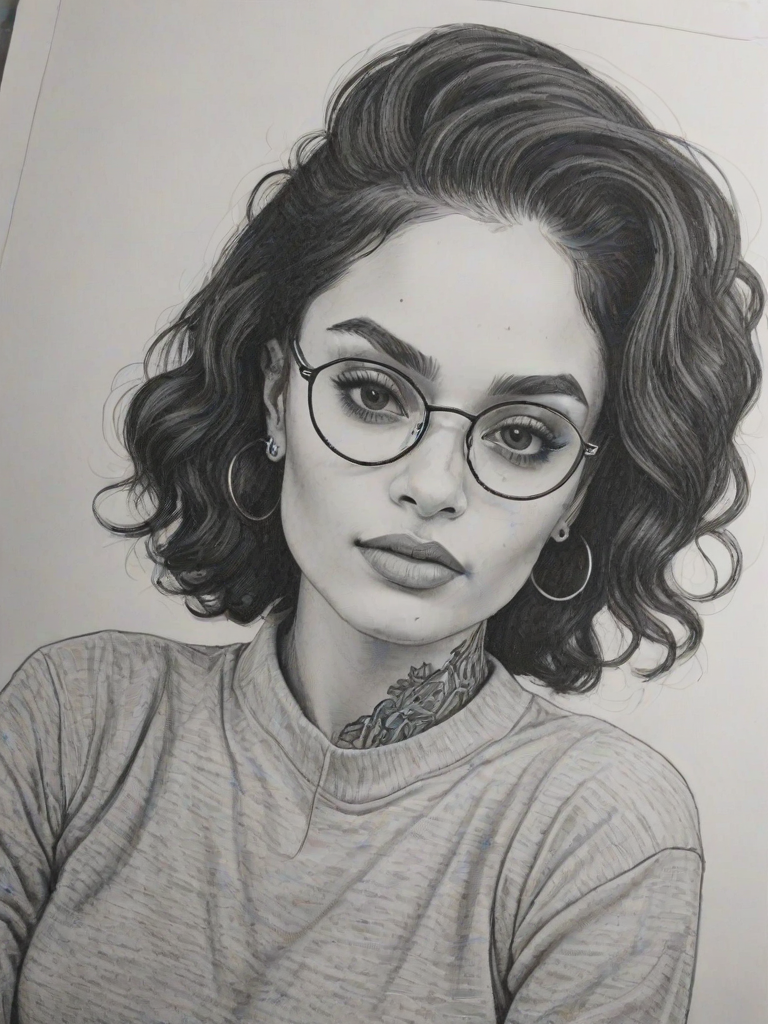 Delightful Kehlani, pencil sketch, portrait of Magnificent woman 1971s in glasses, hair style beatnik, outline, clear lines, fine lines, 8k