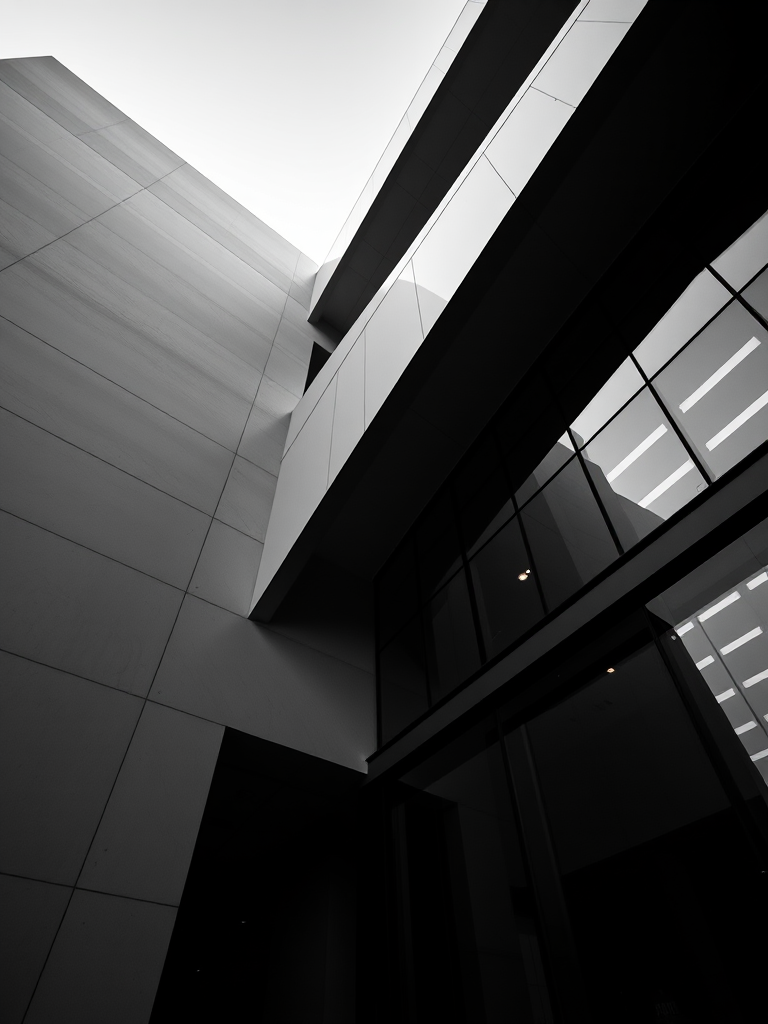 A modern architectural building with a sharp diagonal perspective, showcasing geometric shapes and glass facade, captured with a Canon EOS R5, 24mm lens, f/8 aperture, ISO 100, in black and white mode, under soft natural lighting.
