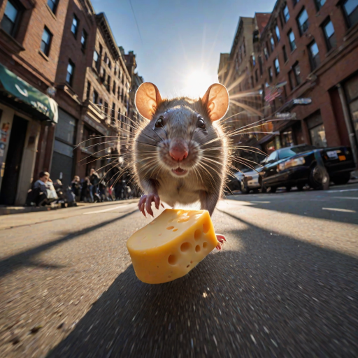 rat holding cheese is (running:1.05) to the viewer, (motion blur:1.1), (police running:1.2), (dynamic:1.1), sun rays, newyork, (taken by go pro:1.3), (taken by 7.5mm fisheye lens:1.1)