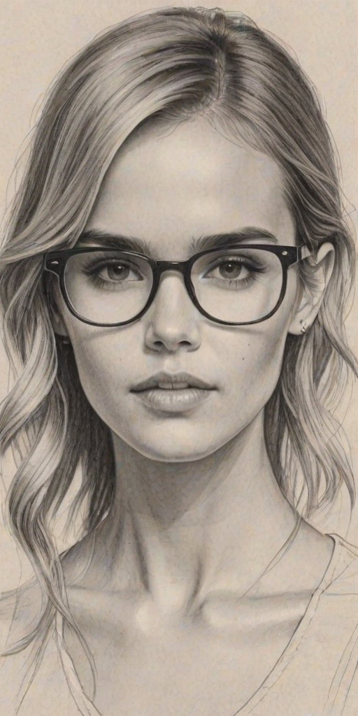 Radiant Isabel Lucas, pencil sketch, portrait of Lovely woman 1965s in glasses, hair style beatnik, outline, clear lines, fine lines, 8k