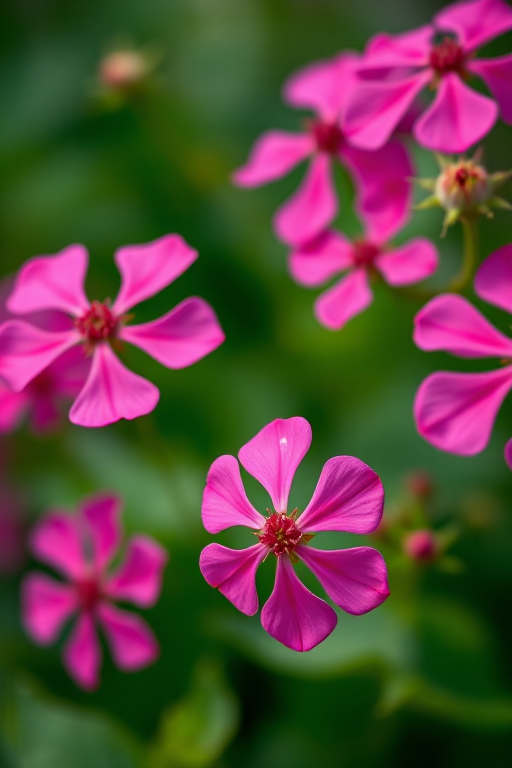 Close-up of vibrant pink flowers on a blurred green background, shot with a Canon EOS 5D Mark IV, 50mm lens, f/2.8 aperture, ISO 100, 1/200 sec exposure, natural light, shallow depth of field.