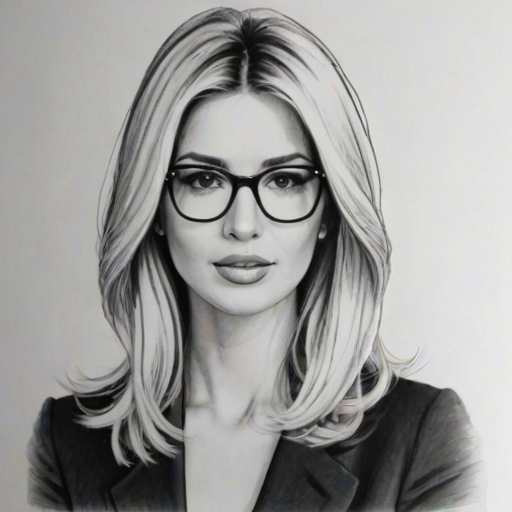 Superb Ivanka Trump, pencil sketch, portrait of Stunning woman 1968s in glasses, hair style beatnik, outline, clear lines, fine lines, 8k