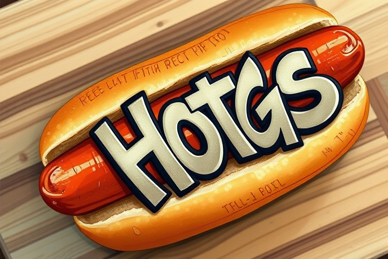 Create a detailed illustration of a hot dog with graffiti-style text on it, using a DSLR camera with a 50mm lens, aperture f/2.8, ISO 100, and a shallow depth of field, top-down view, high contrast and vibrant colors for enhanced image quality.