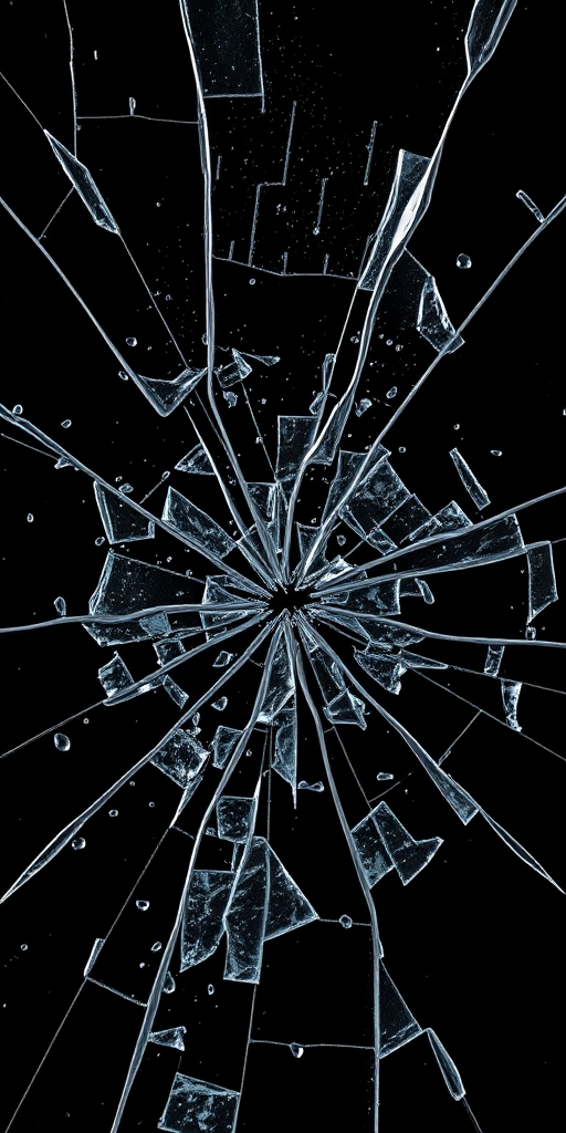 Create a high-resolution image of a shattered glass effect with an emphasis on sharp contrasts and dramatic fragments using a DSLR camera at f/8 aperture, ISO 100, 50mm lens, shot from a slightly elevated angle with a macro view for enhanced detail.