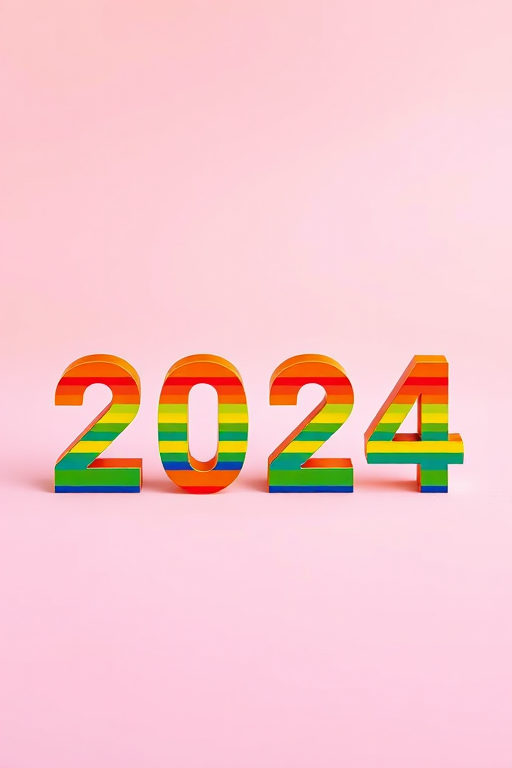 Create an image of the year "2024" with rainbow stripes, on a soft pastel background, capturing vibrant colors with a shallow depth of field using a DSLR camera, 50mm lens, f/2.8 aperture, ISO 100, and soft diffused lighting.