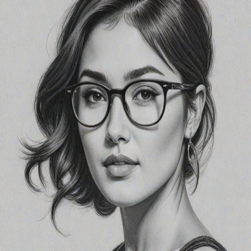 Stunning Daniella Pineda, pencil sketch, portrait of Ravishing woman 1951s in glasses, hair style beatnik, outline, clear lines, fine lines, 8k