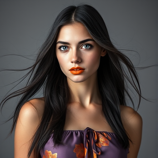 Photographic image of a beautiful young First Nations woman, blue eyes, lips with Yellow lipstick, long hair fluttering in the wind and wearing a silk strapless dress with a soft purple and orange print. monochrome image with only color highlights in the iris of the eyes, lipstick and dress. Gray background.
