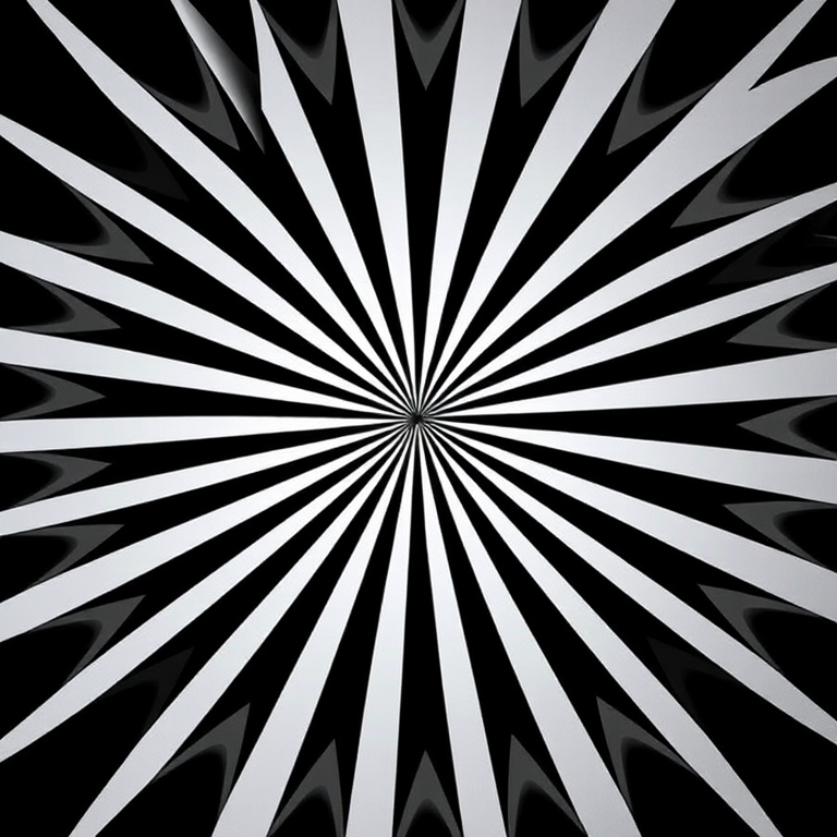 Create a high-contrast black and white radial pattern with sharp lines converging towards the center, using a DSLR camera at f/5.6, ISO 100, 1/125s shutter speed, set in a wide-angle view to enhance depth, with a focus on geometric shapes and symmetry.