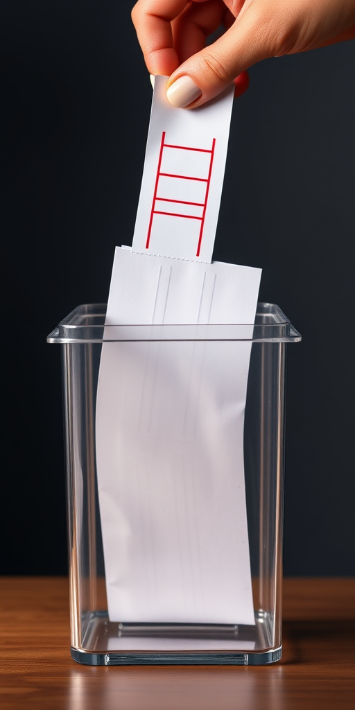 Generate an image of a transparent ballot box with a red-marked ballot being dropped in, using a DSLR camera type, 50mm lens, f/2.8 aperture, ISO 100, and 1/60 second shutter speed to enhance clarity and detail.