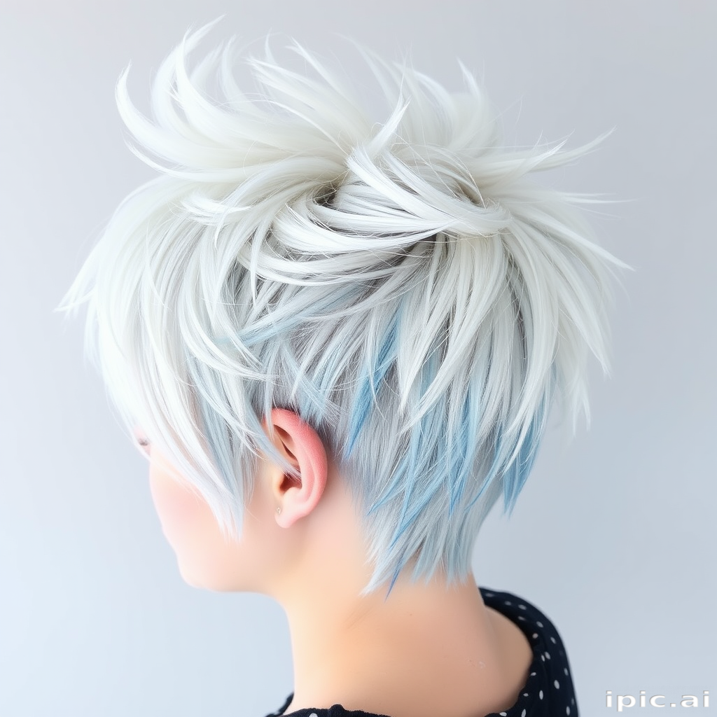 Frosty platinum blonde pixie cut with icy blue tips, Arctic's hair embodies the essence of winter, featuring spiky texture and a swept-back style that resembles windswept snow