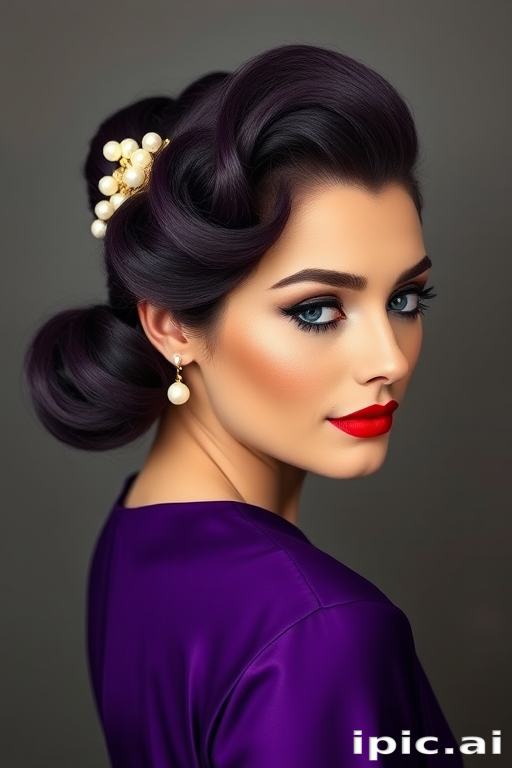 Regal deep purple victory rolls with a vintage-inspired silhouette, adorned with delicate pearl hair accessories for a touch of old Hollywood glamour