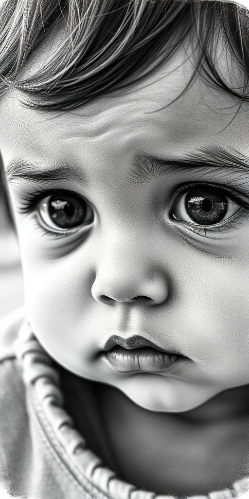 A hyperdetailed photorealistic black and white sketch of a beautiful toddler with deep black eyes, with a macro focus