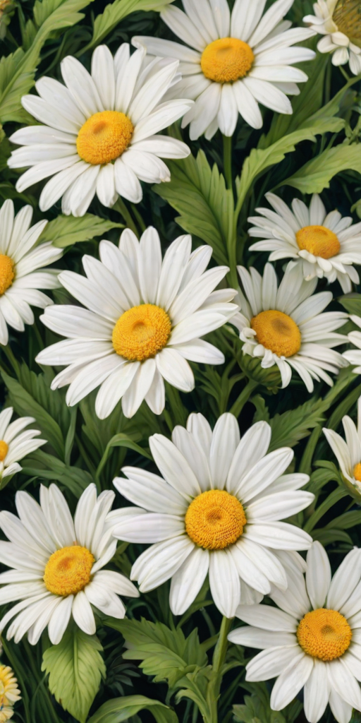 a vibrant illustration of white daisies with yellow centers and a few yellow flowers surrounded by lush green foliage and soft textures