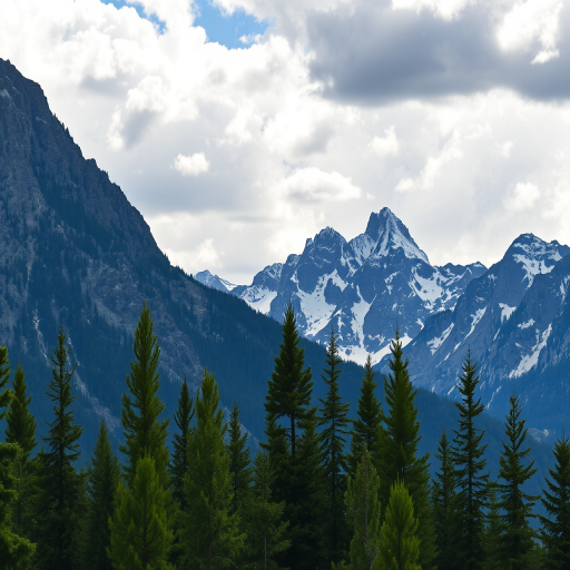 regenerate the image of a mountainous landscape with snow-capped peaks, foreground of tall green pine trees, dynamic cloudy sky, use a DSLR camera with f/8 aperture, 1/200 shutter speed, ISO 100, wide-angle lens, 24mm, captured from a low angle to emphasize the height of the mountains and depth of the scene