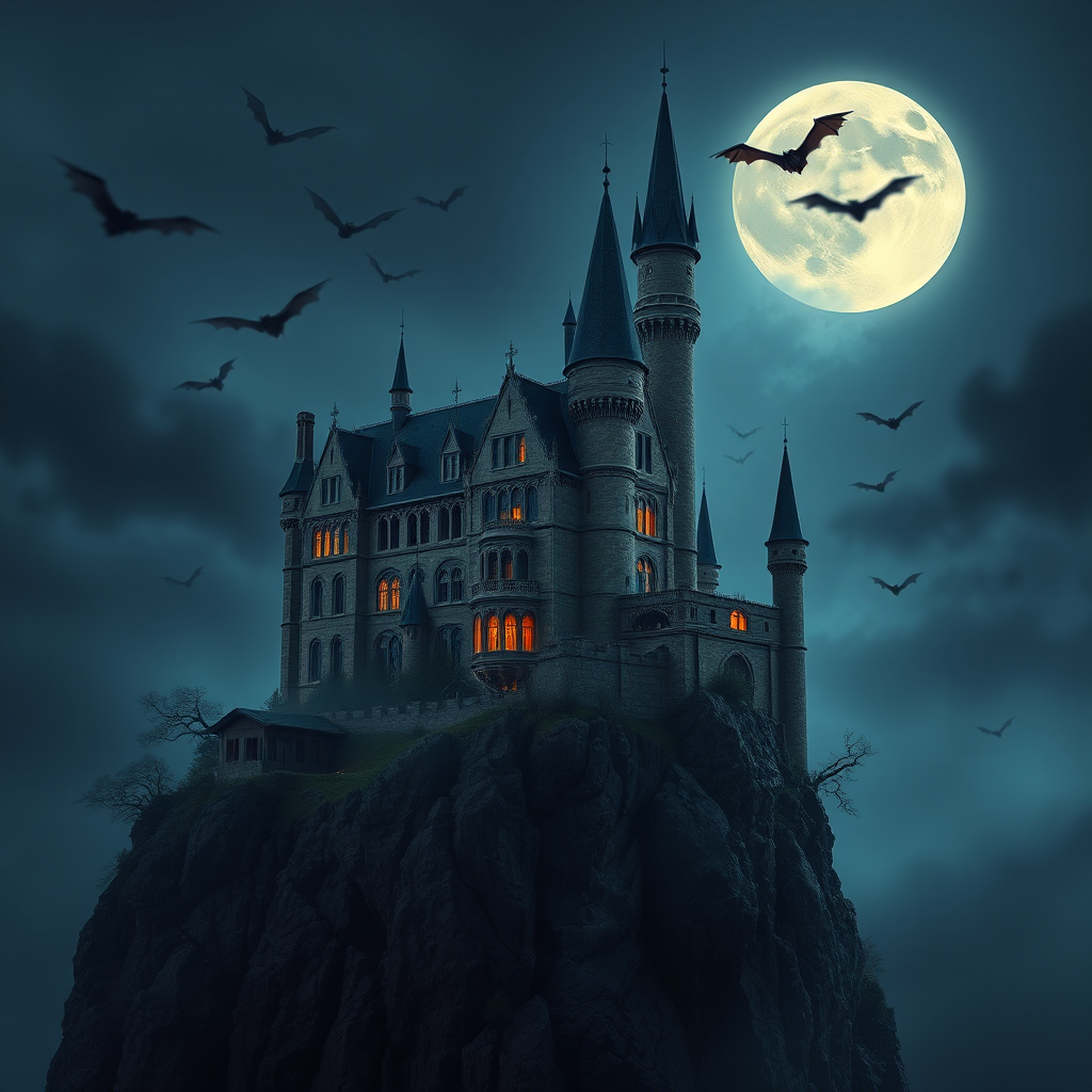 Create a high-resolution digital artwork of a gothic castle on a cliff, illuminated by a full moon, surrounded by bats, captured with a DSLR camera using a 50mm lens, f/1.8 aperture, ISO 100, and a shallow depth of field for a dramatic effect.