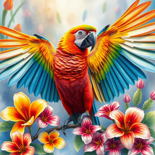 Create a vibrant watercolor painting of a parrot with outstretched wings surrounded by colorful flowers and feathers, using a Canon EOS R5 with a 50mm lens, f/1.8 aperture, ISO 100, and a shallow depth of field for enhanced detail and richness.