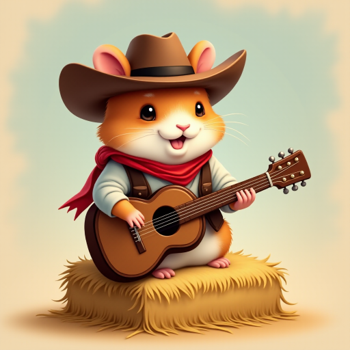 A chibi hamster, dressed as a cowboy, playing guitar, sitting on a hay bale