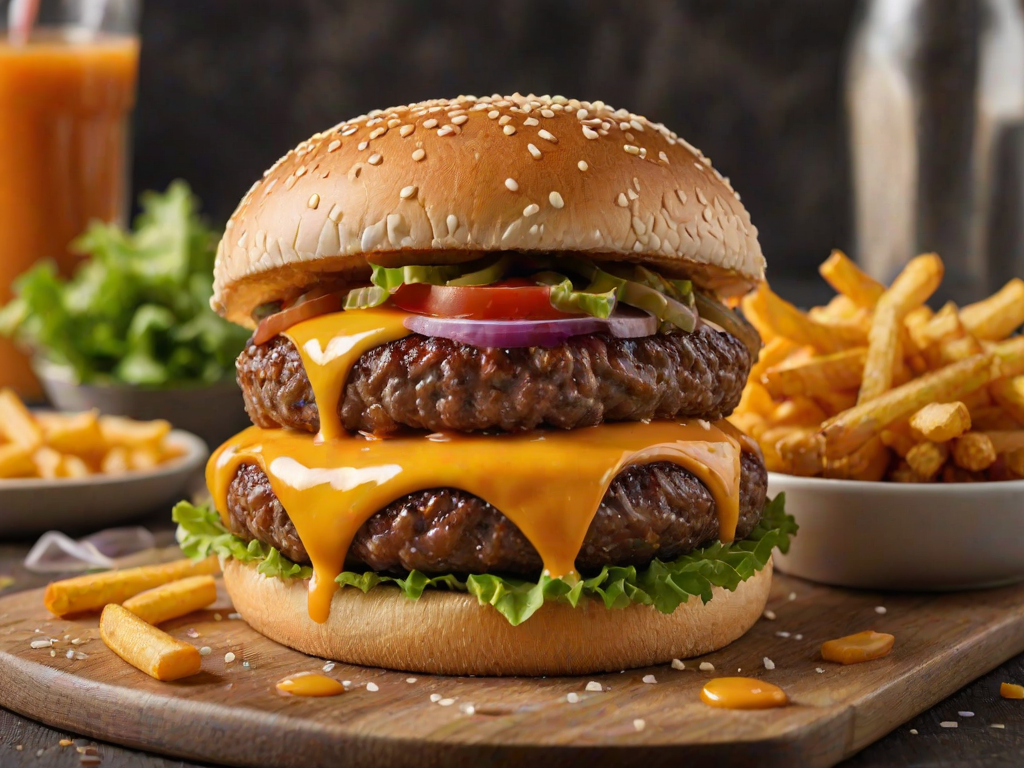 High-resolution, close-up image of a gourmet double cheeseburger. The burger features a glossy, sesame-seed-topped brioche bun. Inside, there are two thick, juicy beef patties, each topped with melted cheddar cheese. The burger is garnished with fresh lettuce, tomato slices, diced onions, and pickles. A generous amount of ketchup and a creamy, orange-colored sauce is dripping down the sides, adding to the mouth-watering appeal. In the background, there are blurred elements including a side of golden French fries and a hint of a beverage, enhancing the overall presentation of a delicious meal.