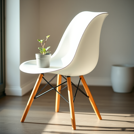 a modern white chair with wooden legs holding a small potted plant, minimalist style, soft natural lighting, depth of field effect, captured with a DSLR camera at f/2.8, 50mm lens, ISO 100, shutter speed 1/200s, side angle view