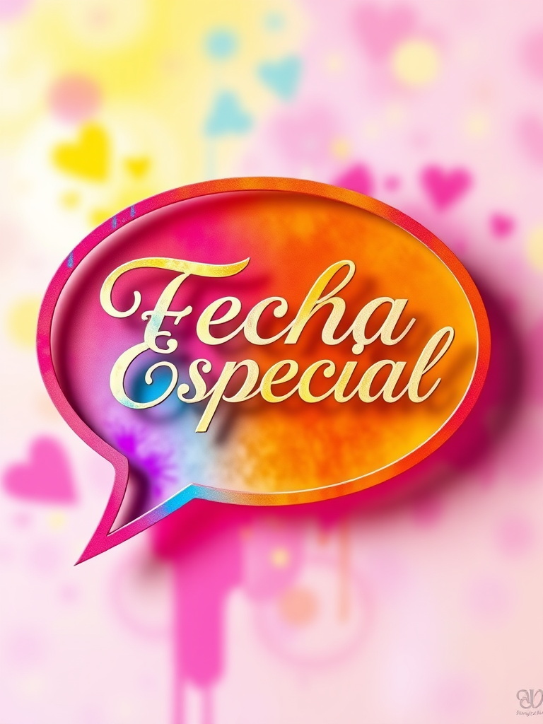 Create a colorful speech bubble graphic with the text "Fecha Especial" in an elegant cursive font, using high dynamic range (HDR) imaging for vibrant colors, a soft-focus lens effect, and a 50mm lens on a digital SLR camera, with an aperture setting of f/2.8 to achieve a shallow depth of field.