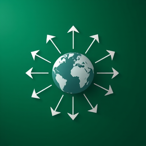 Create an abstract graphic design featuring interconnected globes and arrows on a dark green background, captured with a DSLR camera at f/2.8, ISO 100, 50mm lens, top-down view, in high contrast style.
