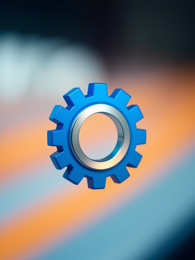Create a high-resolution image of a blue gear icon with a shiny metallic ring in the center, using a Canon EOS 5D Mark IV with an aperture of f/4, ISO 100, and a focal length of 50mm, in a soft-focus background to enhance the gear icon's details and vibrancy.