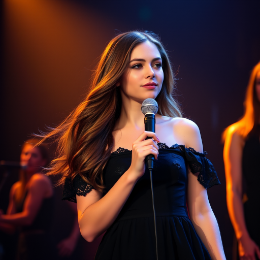 A young woman with long, flowing brown hair is standing in the center of the frame, holding a microphone in her right hand, and looking slightly off to the right side of the frame. She is wearing a black, off-the-shoulder dress with delicate lace detailing. The lighting is warm and dramatic, creating a spotlight effect on the singer. There are other figures in the background, blurred and out of focus, suggesting a concert or performance setting. The camera angle is low, capturing the woman from the waist up. The overall atmosphere is intimate and captivating.