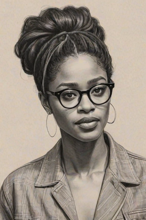 Beauteous Lakeith Stanfield, pencil sketch, portrait of Superb woman 1958s in glasses, hair style beatnik, outline, clear lines, fine lines, 8k