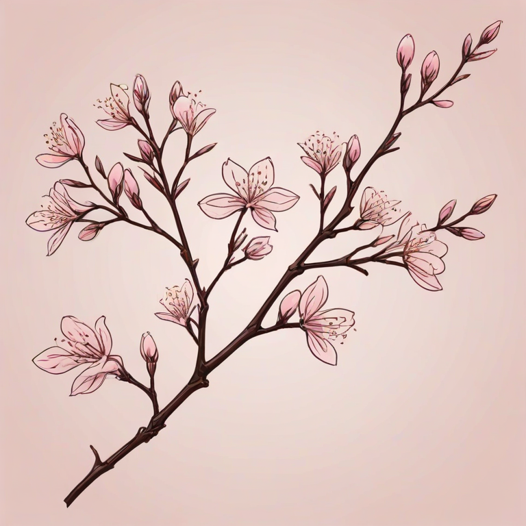 create a simple line drawing of a tree branch with budding flowers in a soft pink color on a transparent background