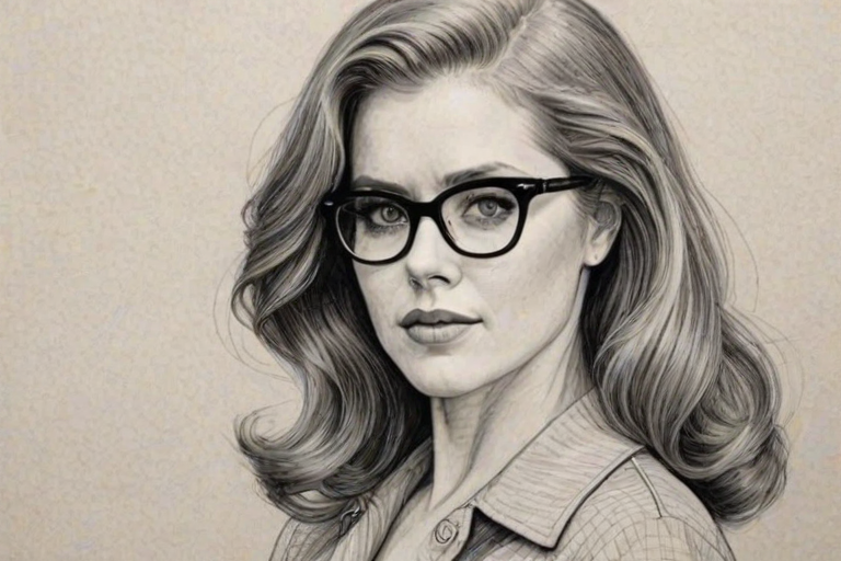 Attractive Amy Adams, pencil sketch, portrait of Bewitching woman 1954s in glasses, hair style beatnik, outline, clear lines, fine lines, 8k