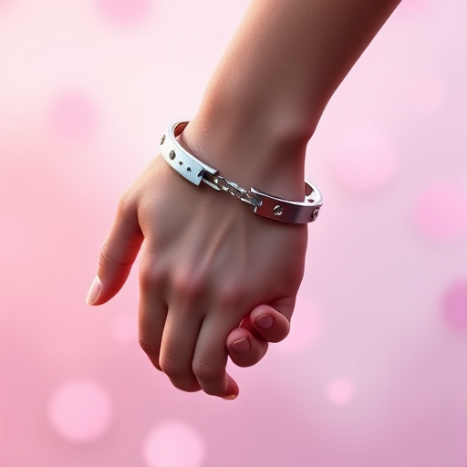 Create a high-resolution digital illustration of two hands gently touching, one hand wearing a sparkly handcuff, with a soft pastel background, shot with a Canon EOS R5 at f/2.8, 50mm lens, with a shallow depth of field and soft lighting to enhance the serene atmosphere.