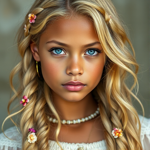 Create an image of a young Garifuna woman with long, wavy blonde hair, adorned with small, colorful flowers woven into her braids and loose strands. Her complexion is fair, with soft, glowing skin, and she has light blue eyes that gaze softly at the viewer. She wears a light, flowing dress with a gentle, ethereal quality, complementing her delicate and serene appearance. The background is slightly blurred, drawing focus to her tranquil expression and the intricate details of the flowers in her hair. The overall mood of the image is one of natural beauty and grace, evoking a sense of peacefulness and connection with nature.