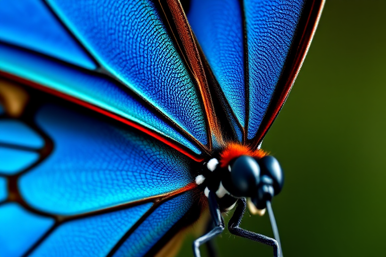 highly detailed close-up of a Morpho butterfly with vibrant blue wings, 85mm macro lens, f/8 aperture, ISO 100, natural light, shallow depth of field, focus on the wings, DSLR camera, high resolution