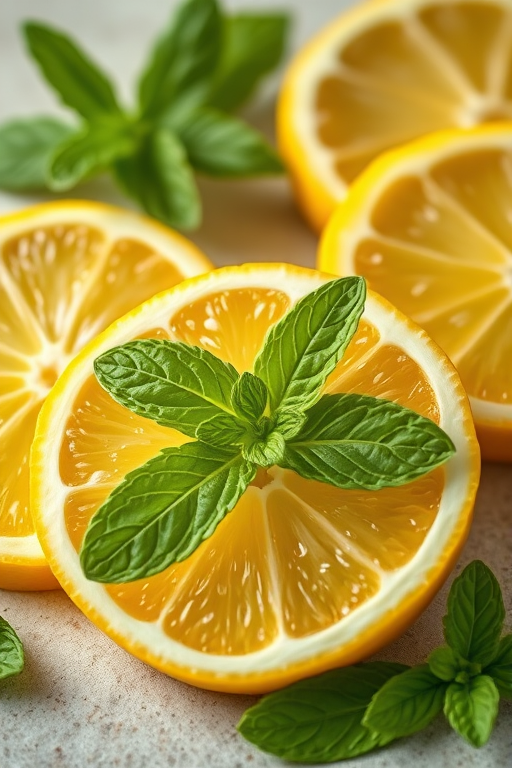 high-resolution image of fresh lemon slices with mint leaves, macro shot, f/2.8 aperture, ISO 100, 50mm lens, soft natural lighting, shallow depth of field, vibrant colors, on a neutral background