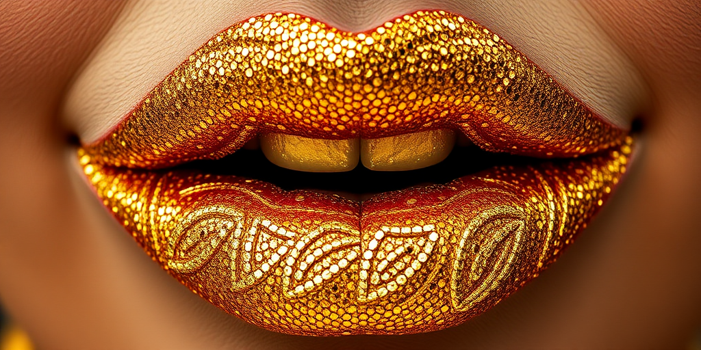 Glitter-encrusted gold lips with a 3D texture, showcasing intricate patterns and designs, perfect for a luxurious and opulent red carpet appearance