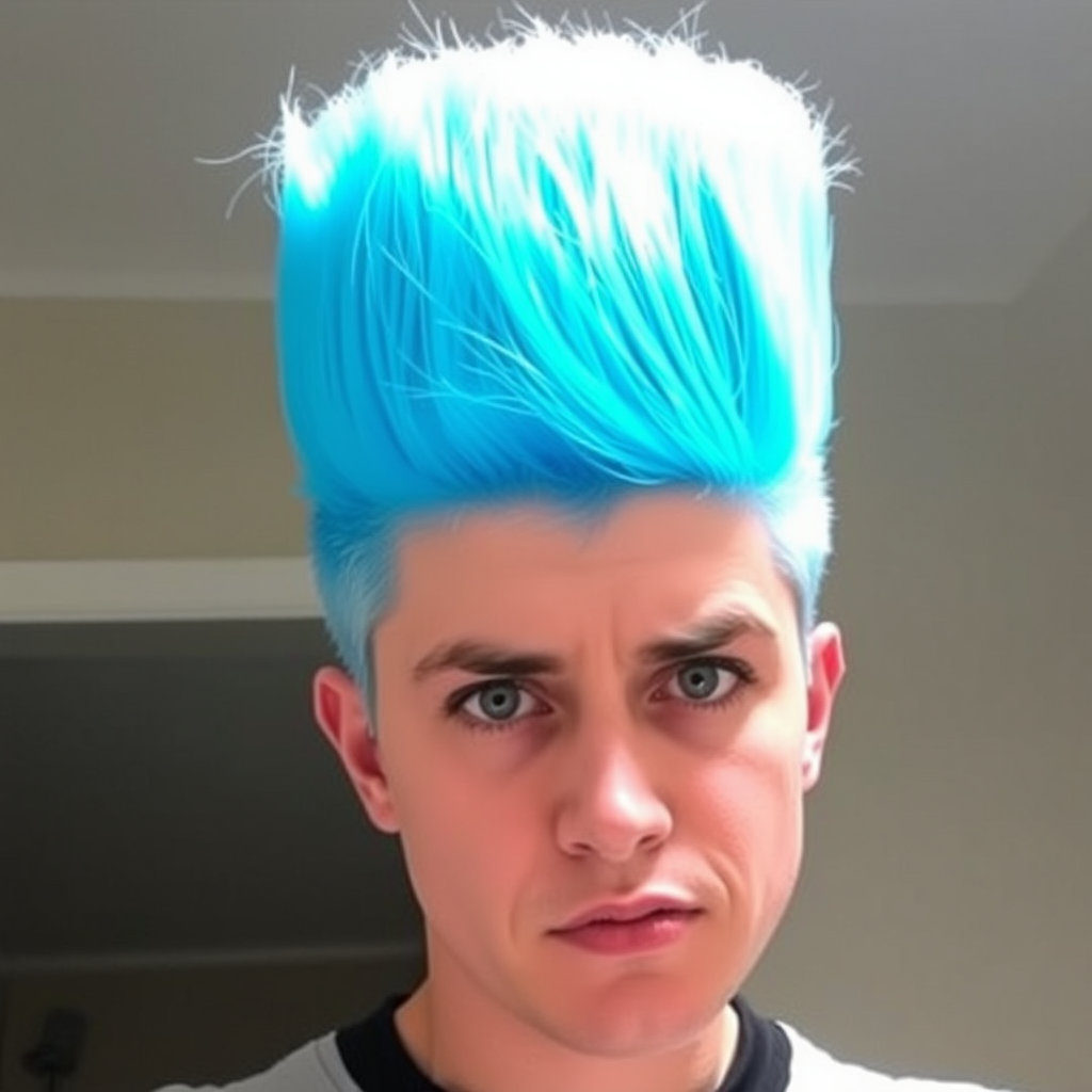 Image of a person with their hair styled upright,  in a cylinder shape. The hair  color is neon blue and appears to be held in place by a hair product, giving it a fluffy texture. The background is nondescript, and the person's face is looking at the viewer nervously.
