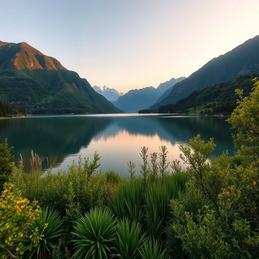 Create an image of a serene landscape, featuring a calm lake surrounded by lush greenery and mountains in the background, captured using a DSLR camera with a 50mm lens, aperture set to f/8, ISO 100, photograph taken during golden hour for enhanced lighting.