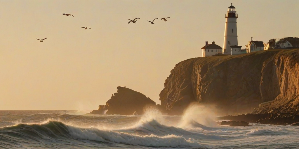 Soft-focus image of a lighthouse standing tall on a rocky cliff at sunrise, with soft golden light illuminating the waves crashing below and a flock of seagulls flying overhead.
