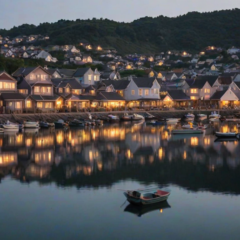 Soft-focus image of a quiet fishing village at dusk, with soft golden light reflecting off the water and small boats gently bobbing in the harbor, with houses softly blurred in the distance.