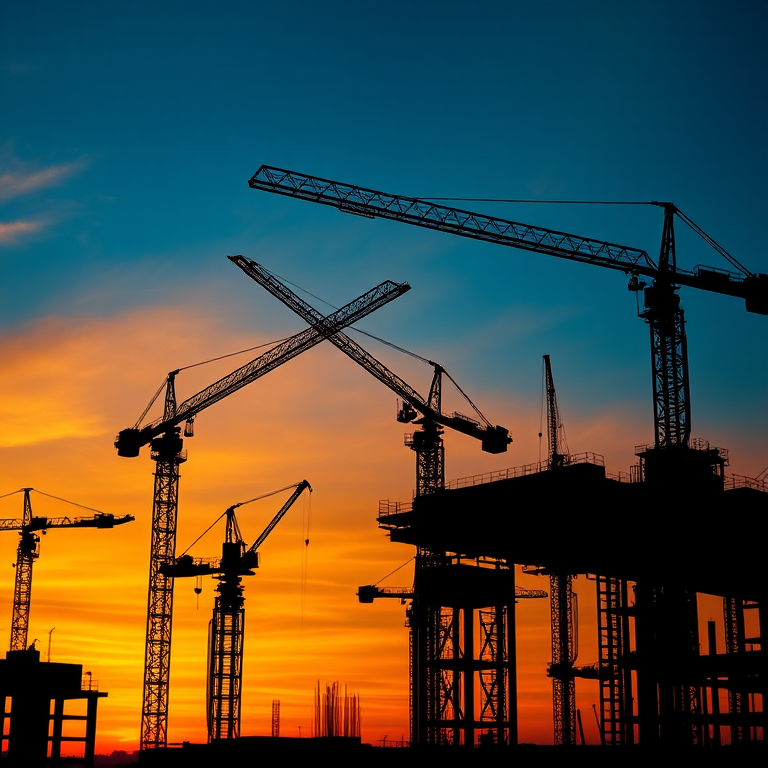 Create a high-resolution silhouette of a construction site at sunset with multiple cranes in different positions, using a 50mm lens, aperture f/8, ISO 100, and a wide-angle view for depth, capturing vibrant colors in the sky transitioning from orange to deep blue.